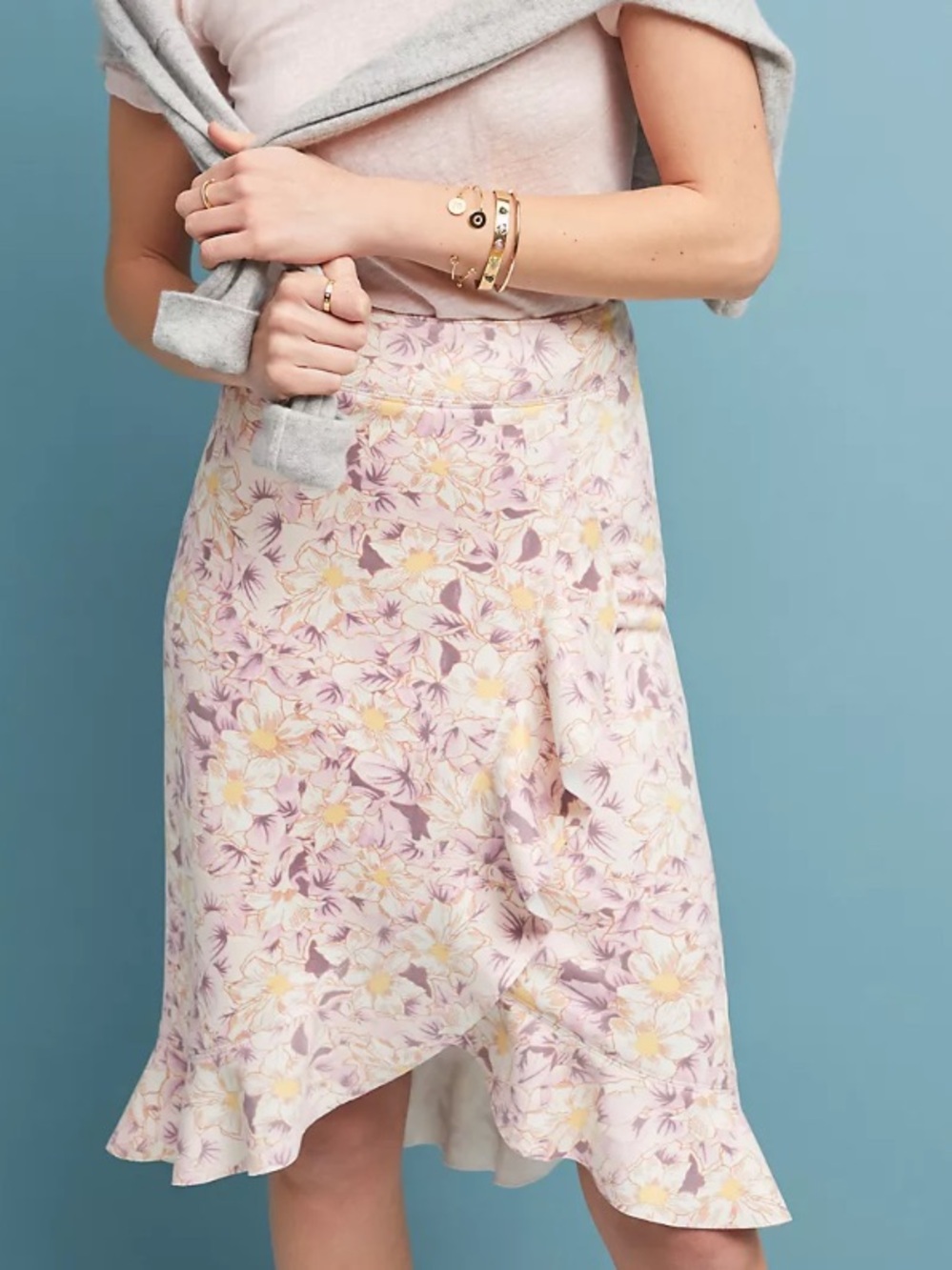 Anthropologie Skye Ruffled Midi Skirt - Pale Pink Floral Size 6